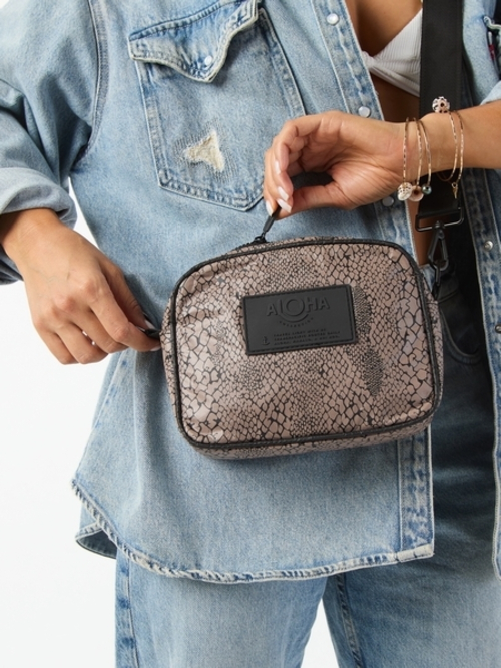 ALOHA Snake Print Small Crossbody Bag, Zip Closure, Adjustable Strap